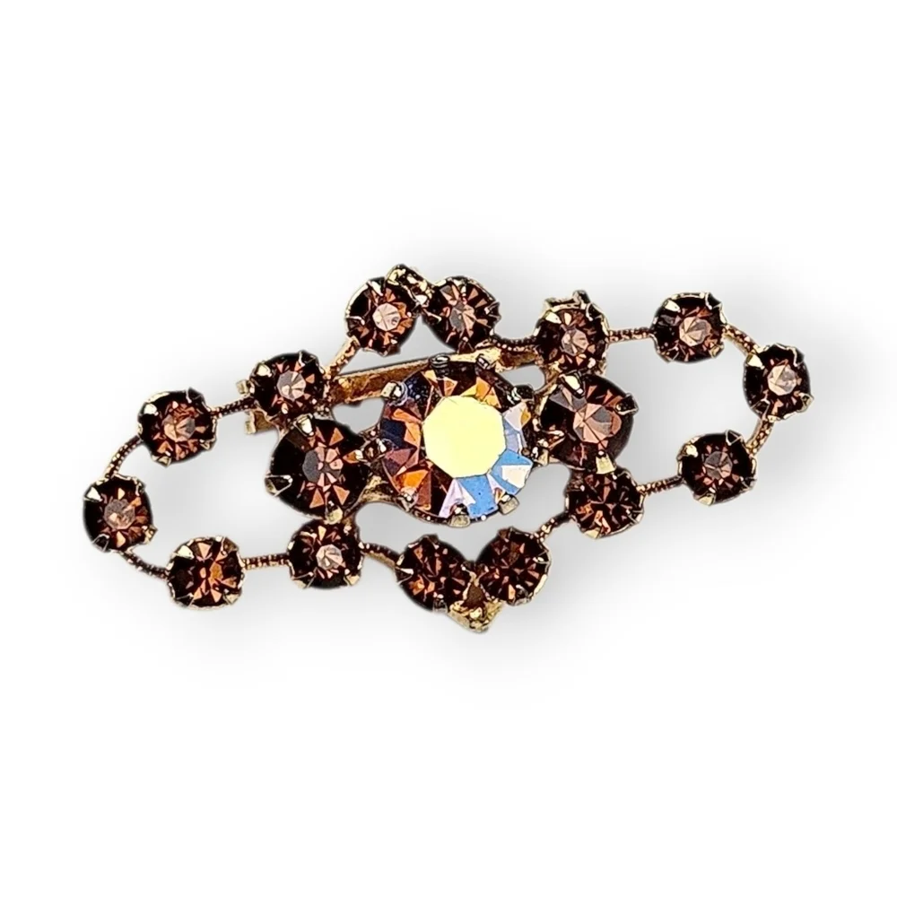 Vintage Austria Rhinestone Bar Brooch Aurora Borealis AB Brown Glass Gold Plated